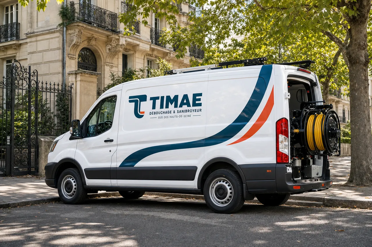 Utilitaire TIMAE avec enrouleur d'hydrocurage dans une rue du sud des Hauts-de-Seine